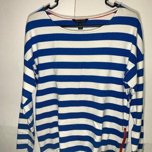 Tommy Hilfiger Womens Small White Blue Striped Long Sleeve Shirt w/ Side Zipper